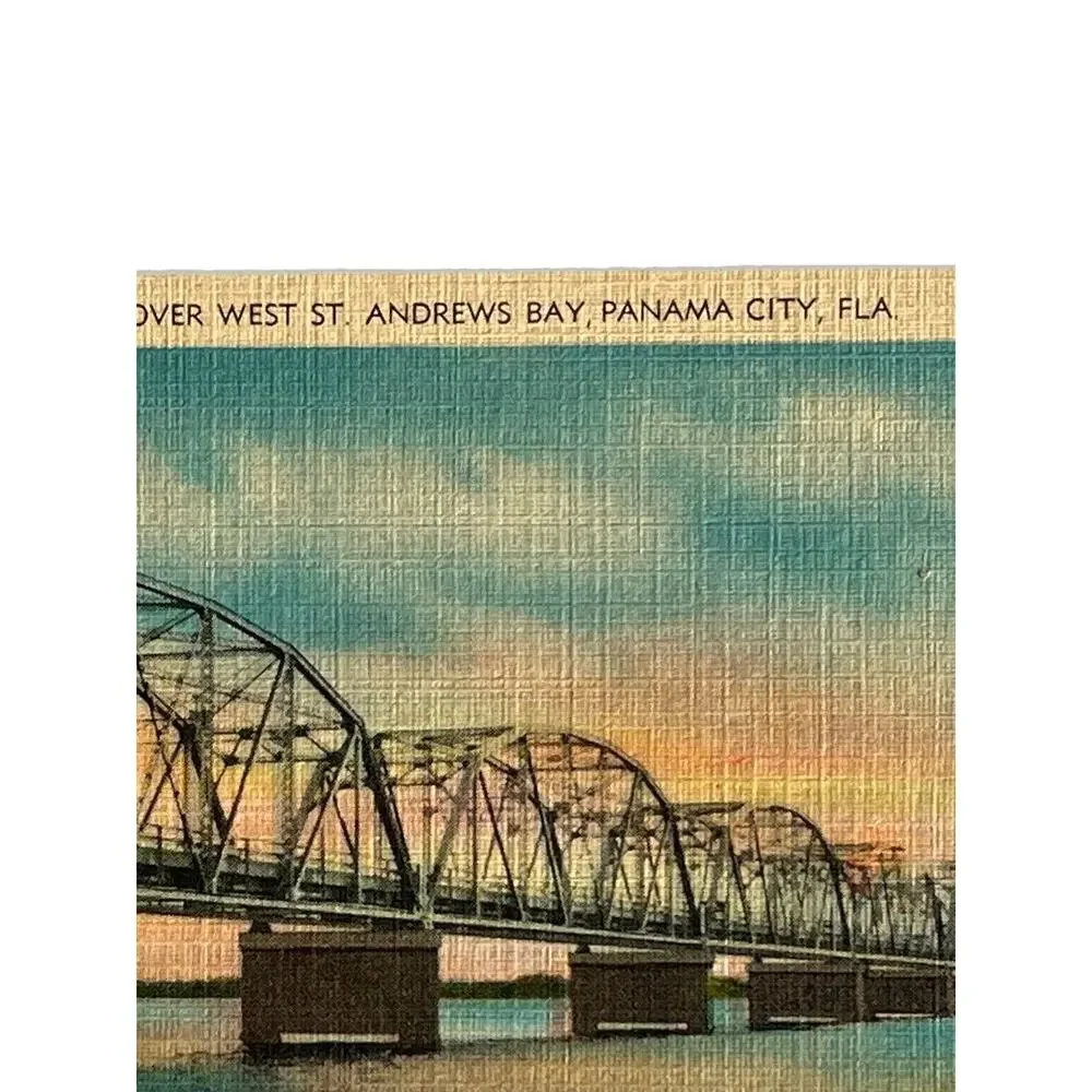 Vtg Litho Postcard 1940s Linen Hathaway Bridge Panama City FL Asheville PC Co NC